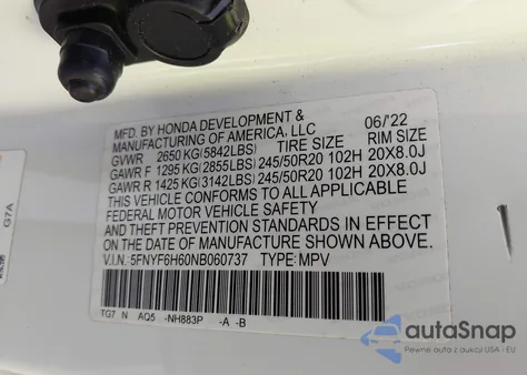 2022 Honda Pilot Awd Touring 7 Passenger from USA, damaged, VIN 5FNYF6H60NB060737